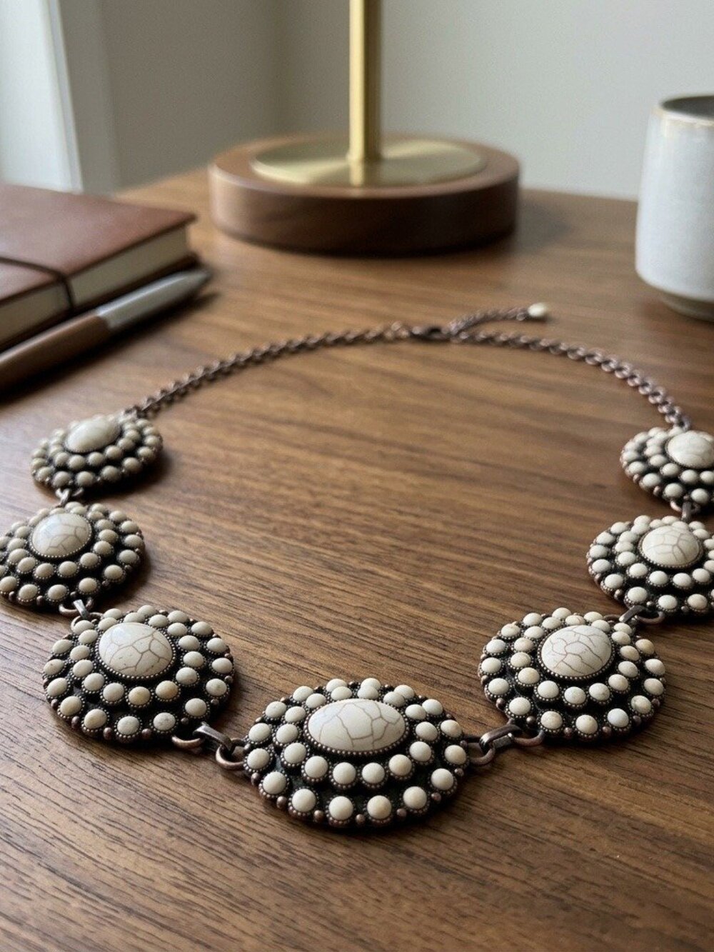 Western Concho Necklace White Stone Oval Statement Cowgirl Boho Collar Necklace